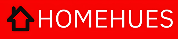 The official logo for HOMEHUES, featuring a stylized house icon and white text on a red background, representing a reliable home furnishing brand.