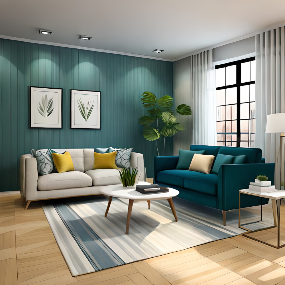 A modern living room with teal-colored walls, two stylish sofas, and a striped rug, a perfect example of home furnishing Bangalore.