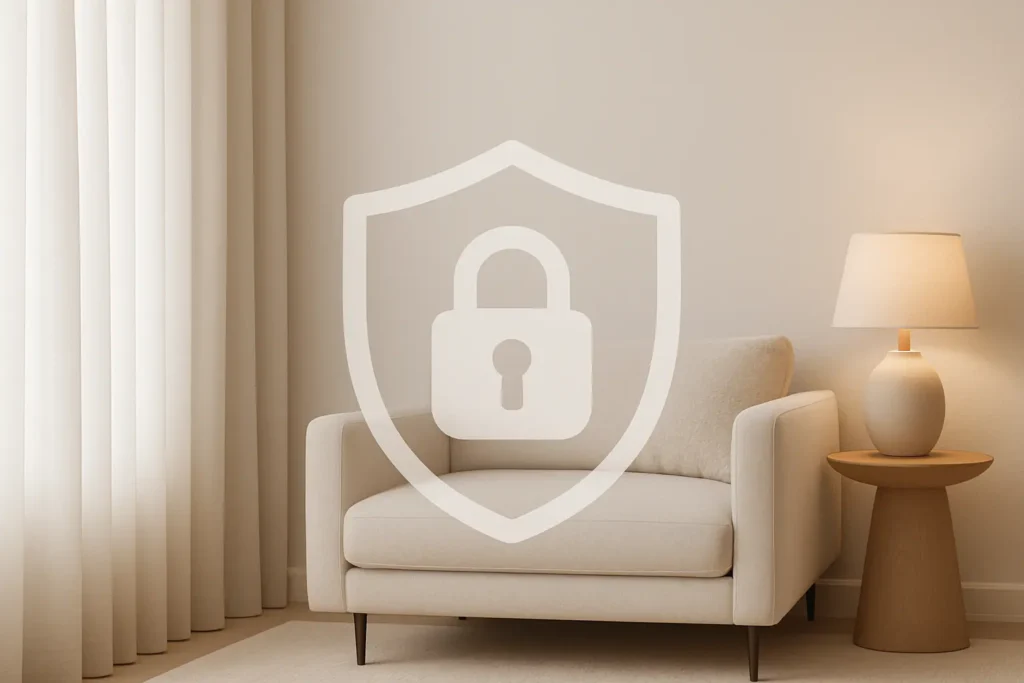 An elegant and secure room with a white armchair and blinds. The image features a security shield icon, emphasizing our privacy policy.